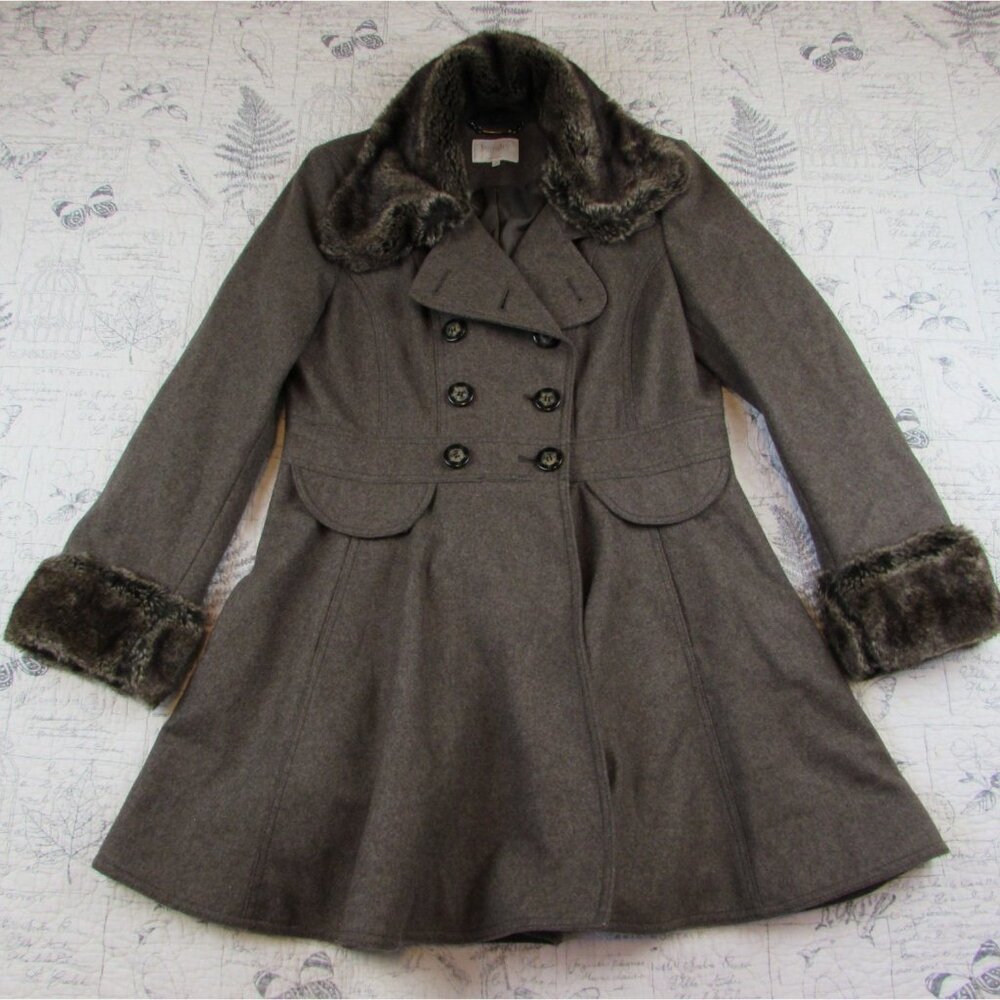 NEW Laundry Shelli Segal Wool Bld double brested Fit & Flare Coat fur trim 14 - Picture 2 of 8